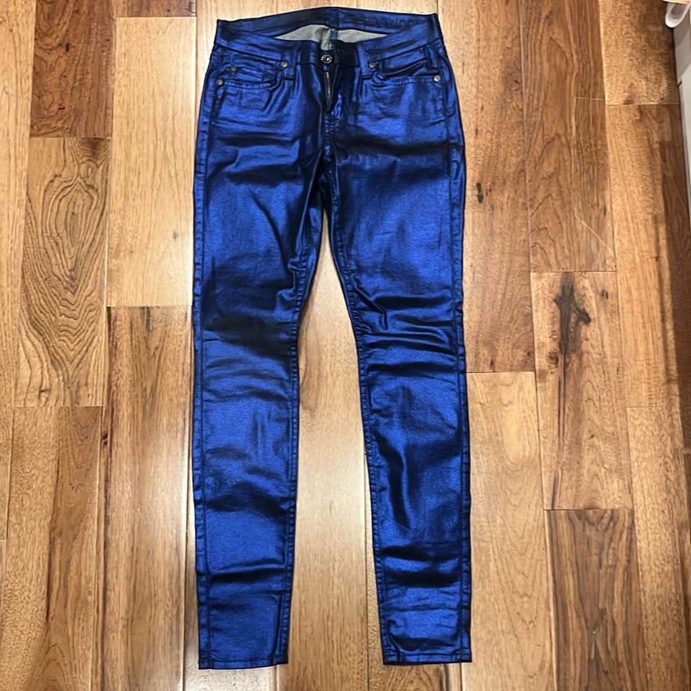 Seven for all mankind skinny size 26 electric metallic blue coated jeans